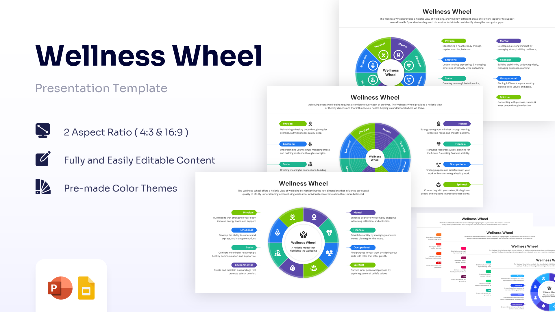 Wellness Wheel diagram with 8 colorful sections for PowerPoint