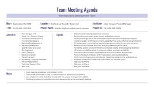 Clean agenda slide with discussion topics and weekly updates lists on a white background with purple headers