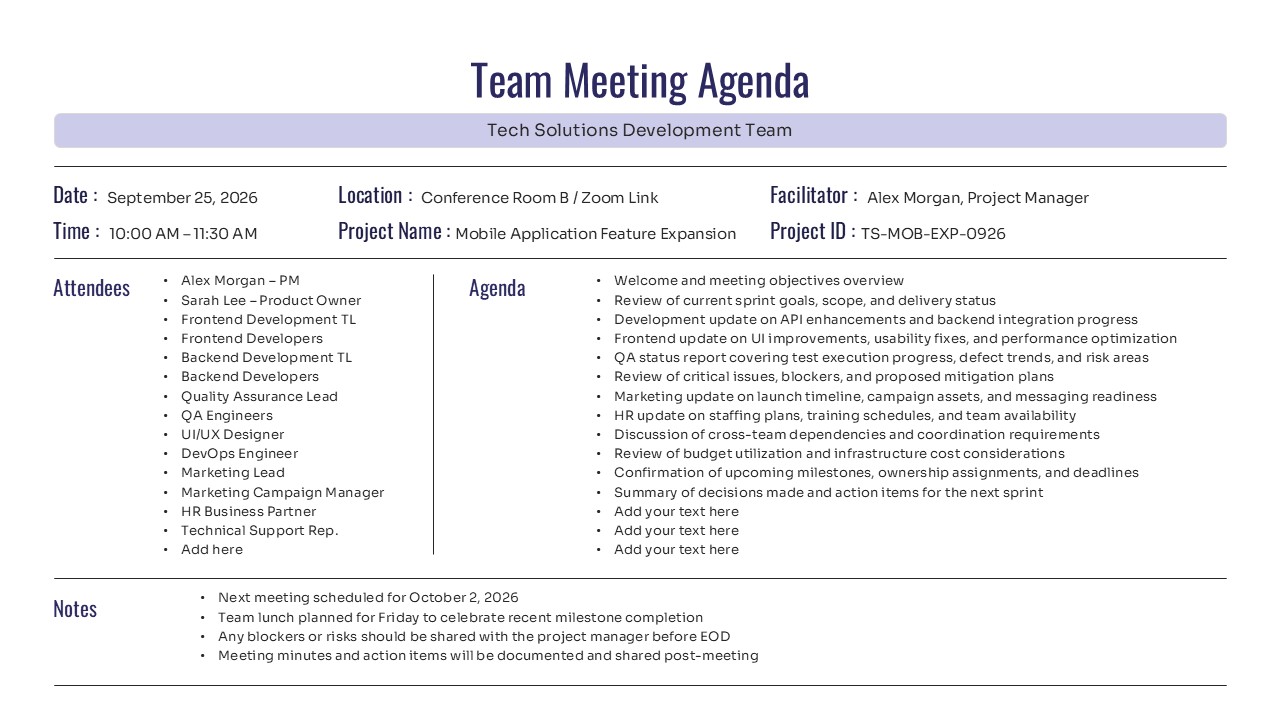 Clean agenda slide with discussion topics and weekly updates lists on a white background with purple headers