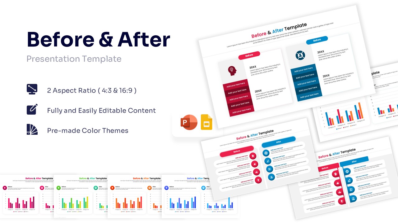 Before and after presentation slide template showing red and blue comparison boxes with icons