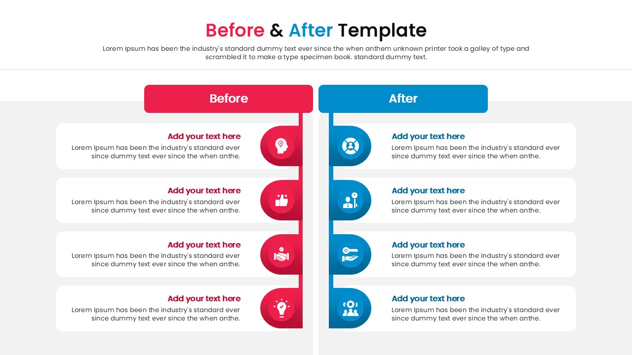 Side-by-side comparison slide layout with text placeholders for describing past and present states