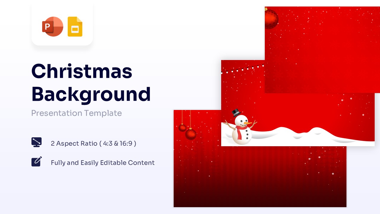 Red Christmas background slide with a cute snowman and snowy hills