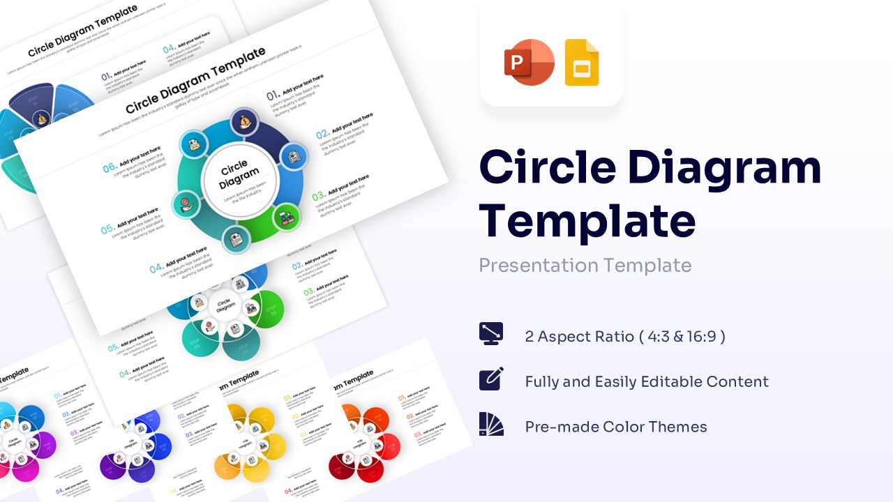 6 step circle diagram template with colorful icons and text holders