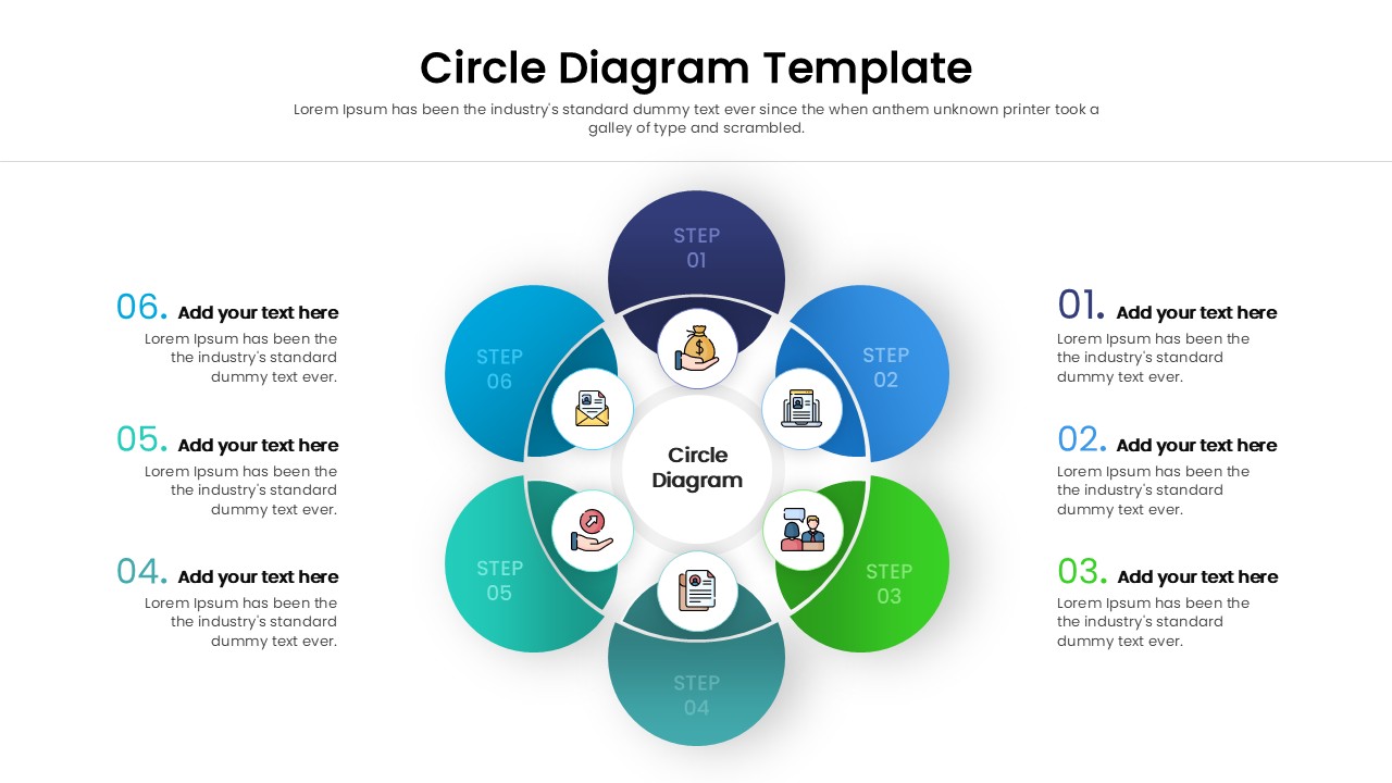 Circular infographic slide showing a central hub with six connecting nodes
