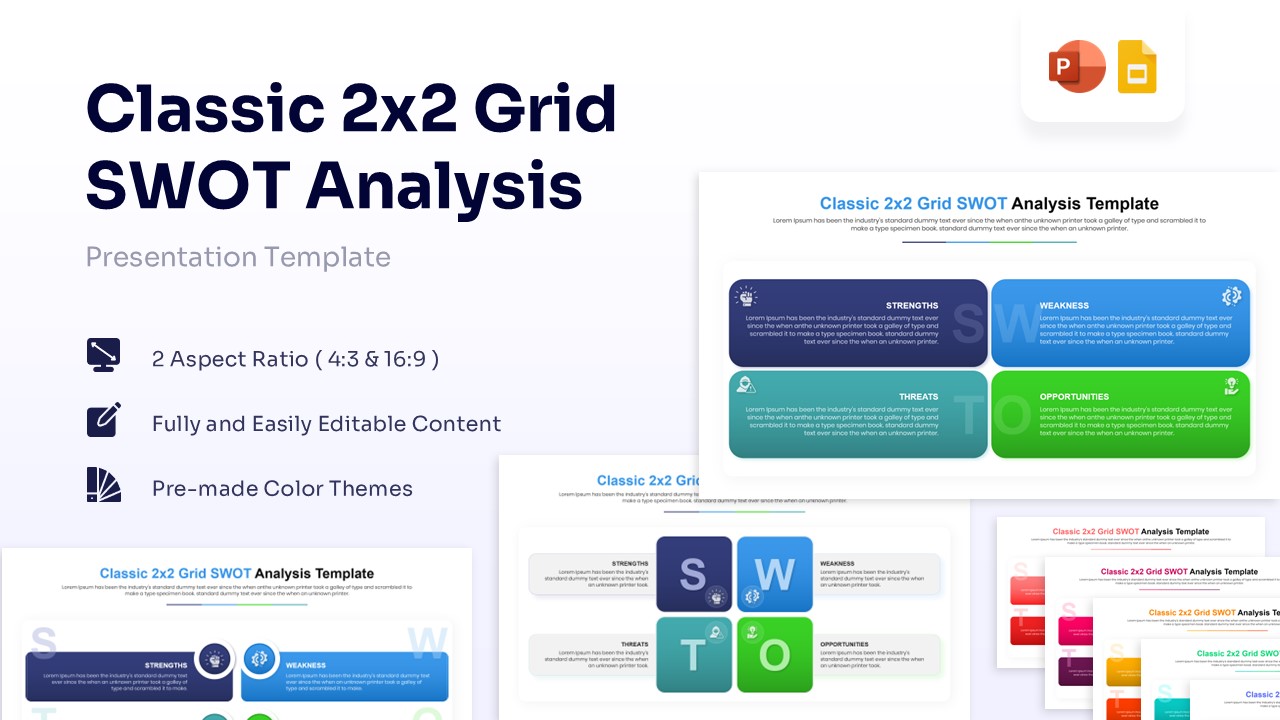 Classic 2x2 grid SWOT analysis presentation slide with blue, purple, green, and orange quadrants for business strategy