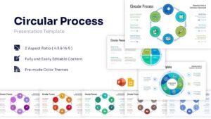 Circular process presentation template showing a main 6-step cycle diagram with icons