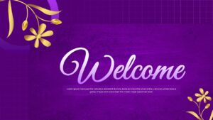 Purple aesthetic welcome slide with gold floral elements and white text