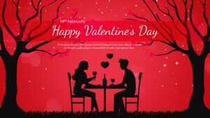 February 14th presentation slide showing a couple dining under a tree with heart leaves