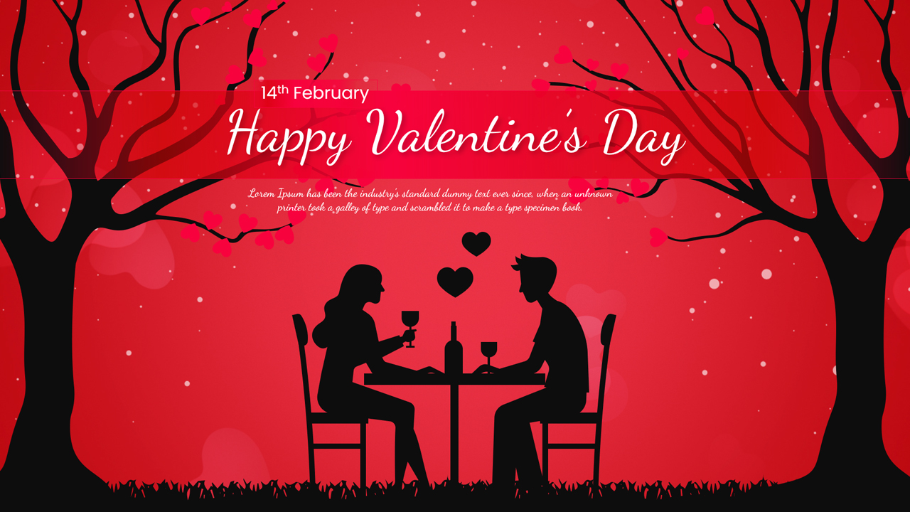 February 14th presentation slide showing a couple dining under a tree with heart leaves