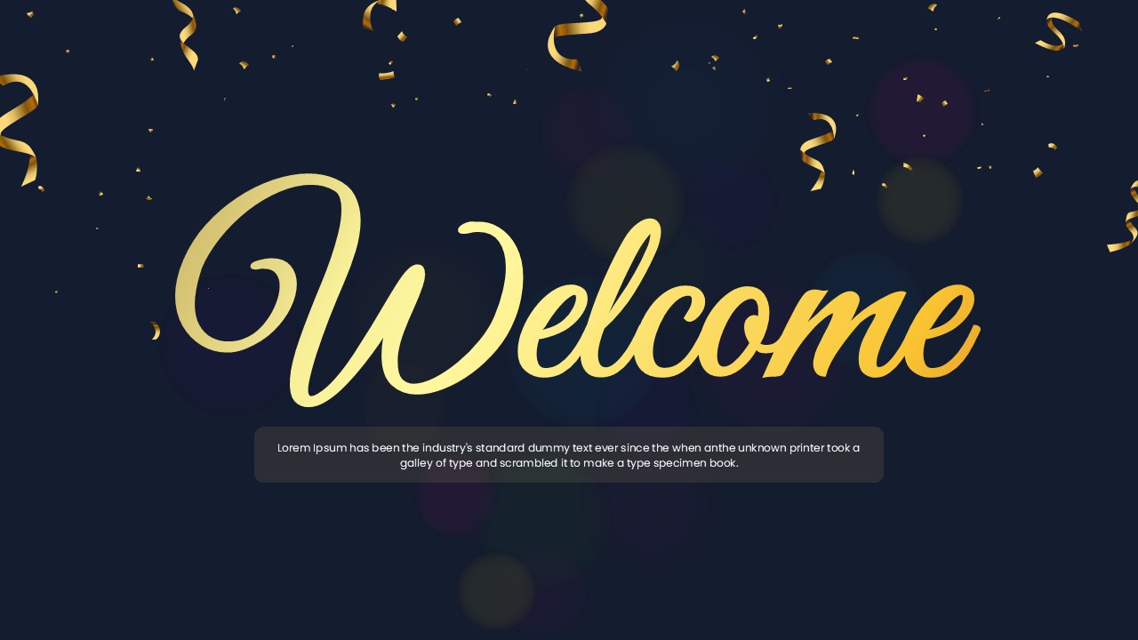 Dark background welcome slide with gold confetti and yellow text
