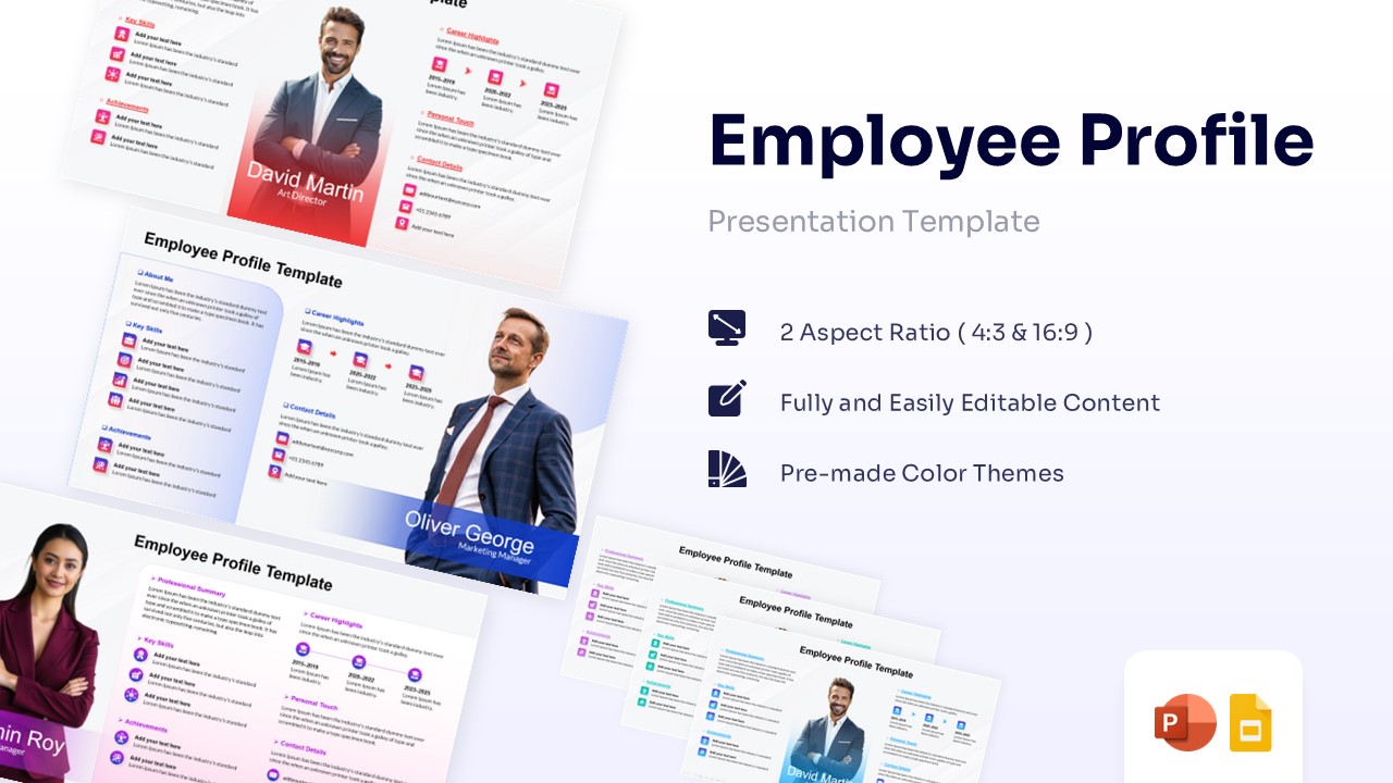 Employee profile presentation template showing multiple color themes and slide layouts