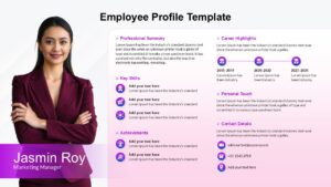 Professional team member bio slide in red theme with photo placeholder and timeline