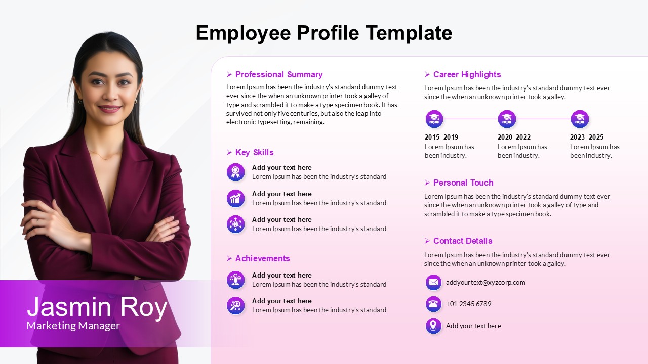Professional team member bio slide in red theme with photo placeholder and timeline