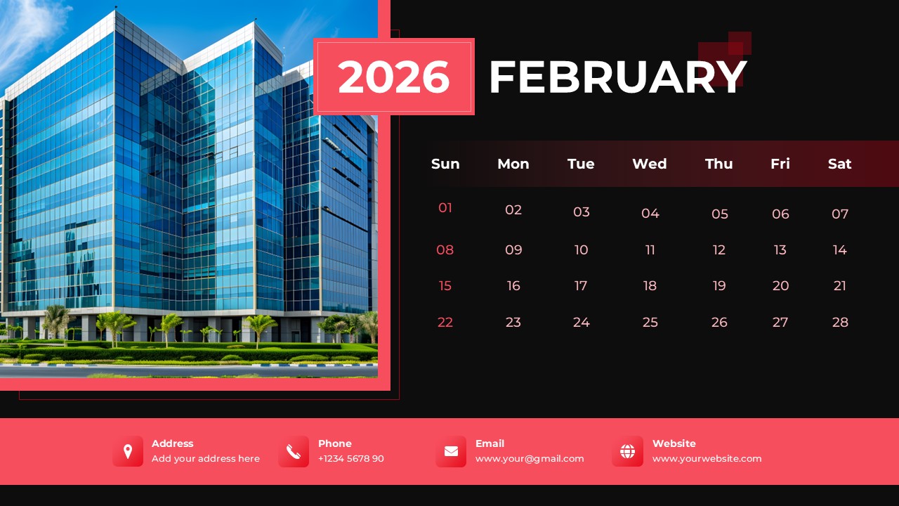 February 2026 monthly planner slide featuring a red color theme and a photo of a corporate glass building.