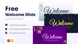 Free Welcome Slide presentation template showing floral, dark confetti, and purple designs