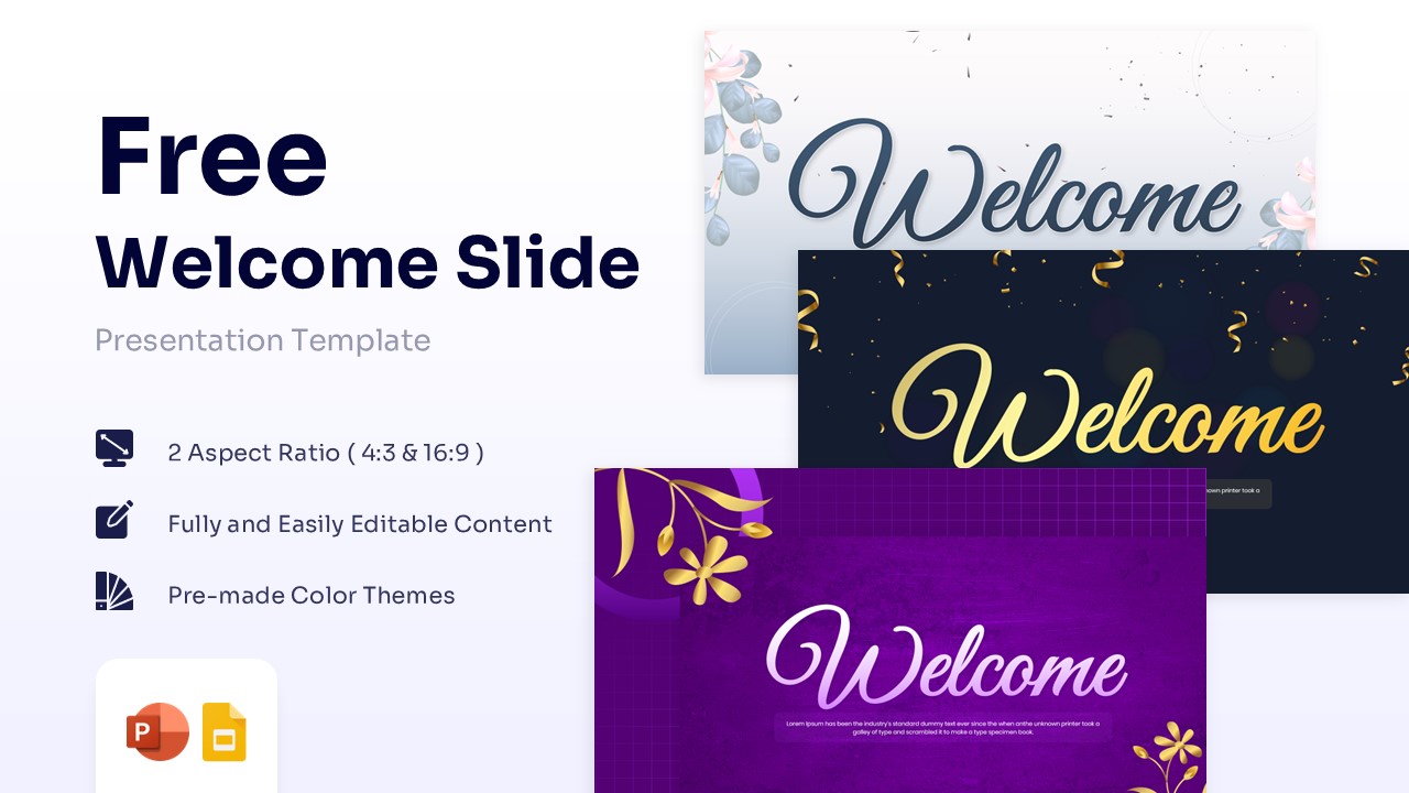 Free Welcome Slide presentation template showing floral, dark confetti, and purple designs
