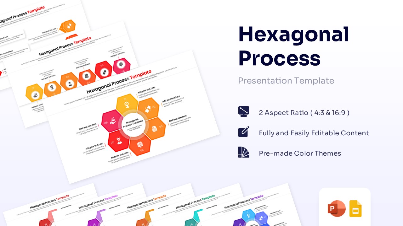 Hexagonal process diagram template with six steps in orange and red colors