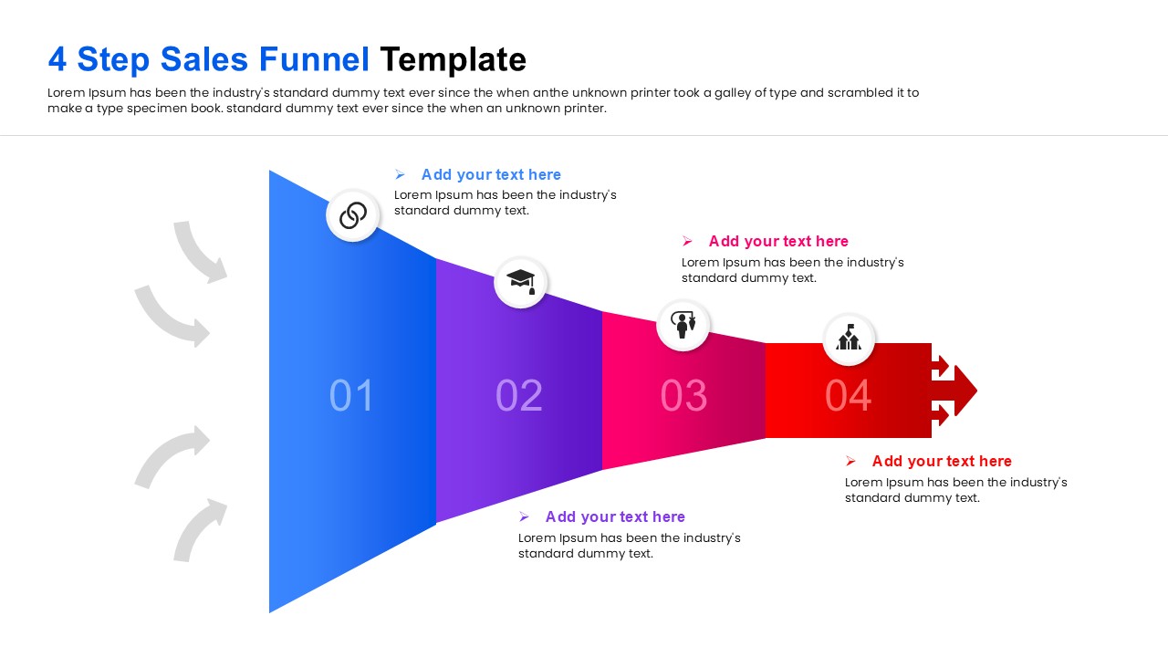 Horizontal Marketing funnel diagram with 4 steps for PowerPoint and Google Slides