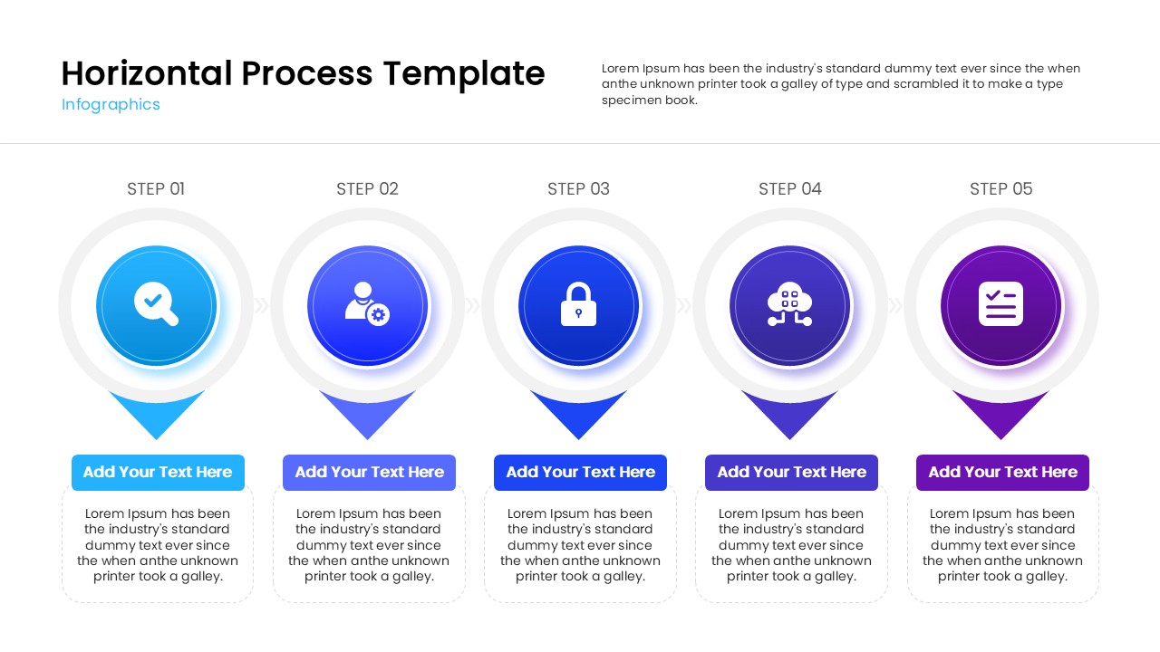5-step linear workflow template with purple gradient circles.