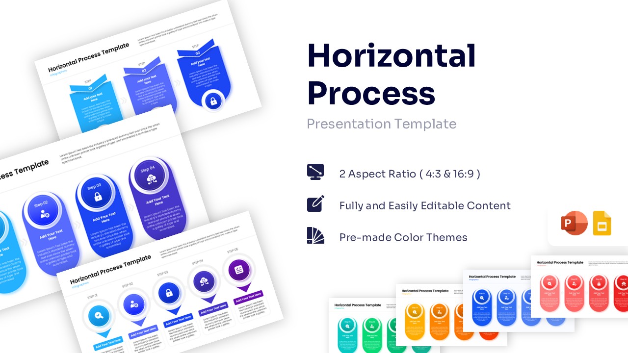 Horizontal process diagram with blue circular steps and icons for PowerPoint