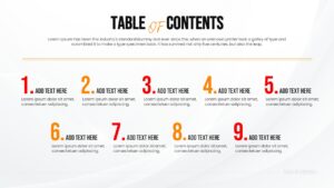 Horizontal agenda slide with numbers 1 to 5 in a row