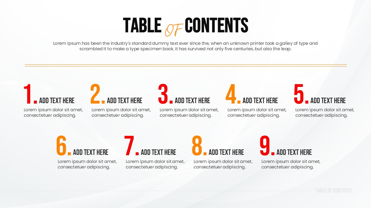 Horizontal agenda slide with numbers 1 to 5 in a row