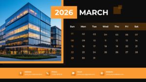March 2026 calendar template with an orange header and an evening view of a modern office building.