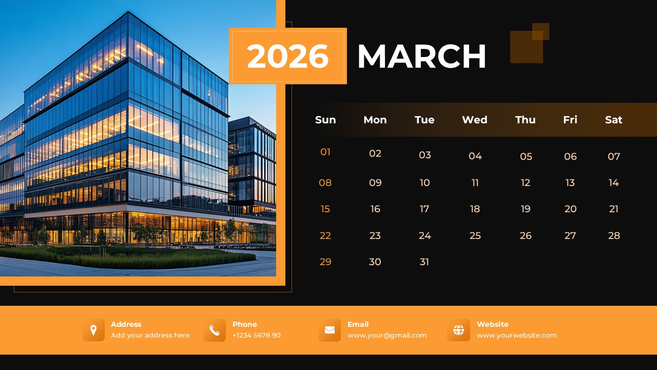 March 2026 calendar template with an orange header and an evening view of a modern office building.