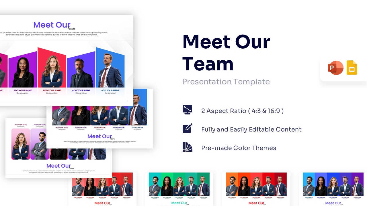 Meet Our Team presentation slide with vertical colorful image panels