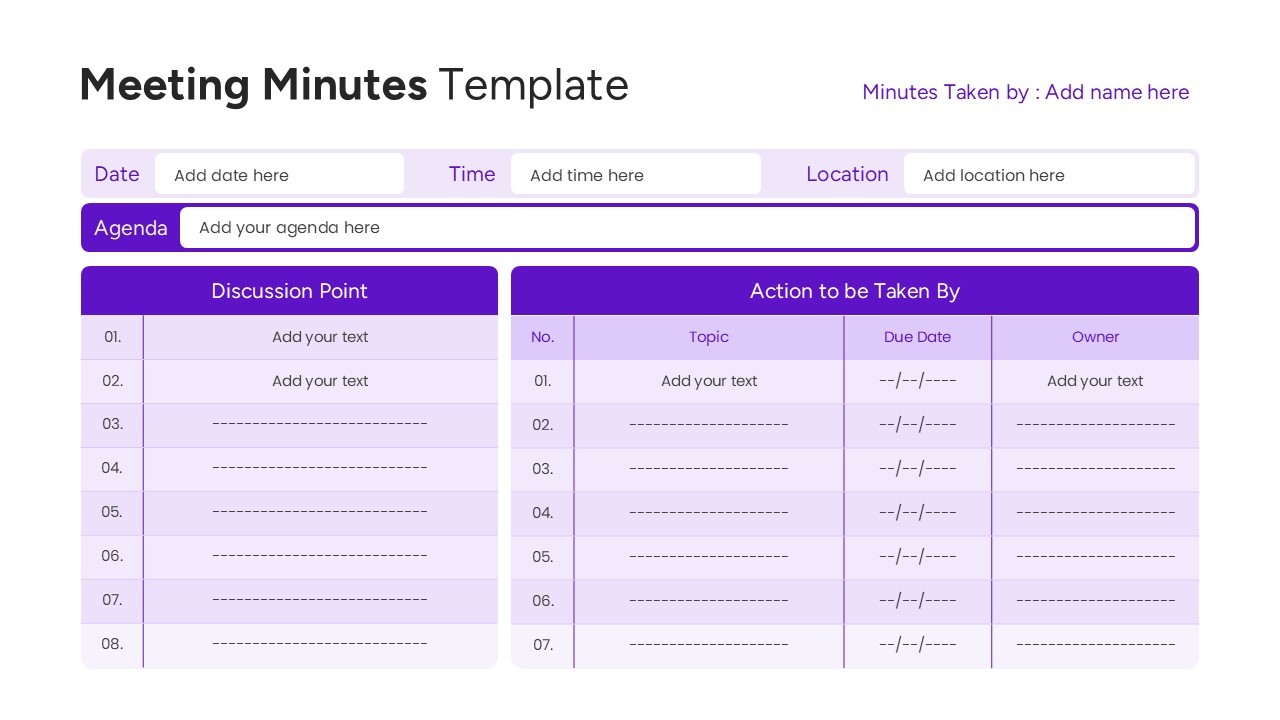 Meeting agenda timeline with time duration and speaker details