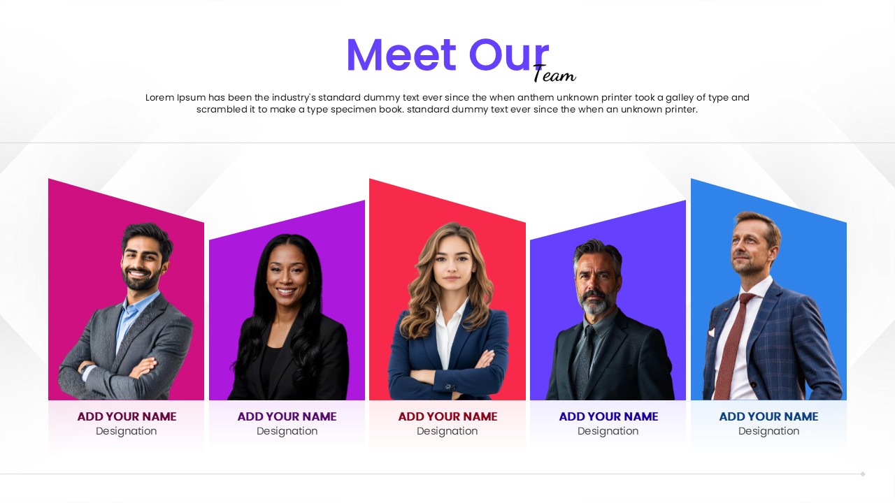 Team introduction template for PowerPoint with editable photo placeholders