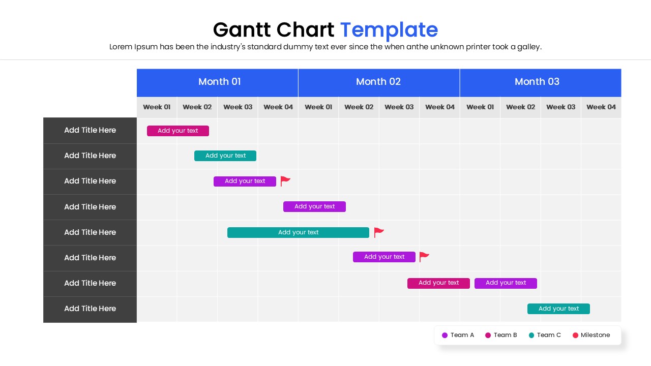 Monthly project schedule layout for PowerPoint with progress tracking bars