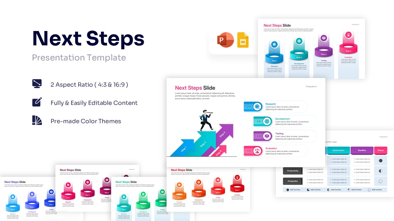 Featured image of a Next Steps presentation template showing multiple slide layouts including arrows and 3D diagrams