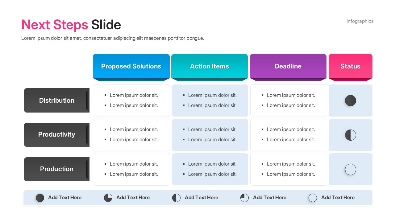 A vertical step diagram layout with vibrant color gradients for presenting a sequential business workflow