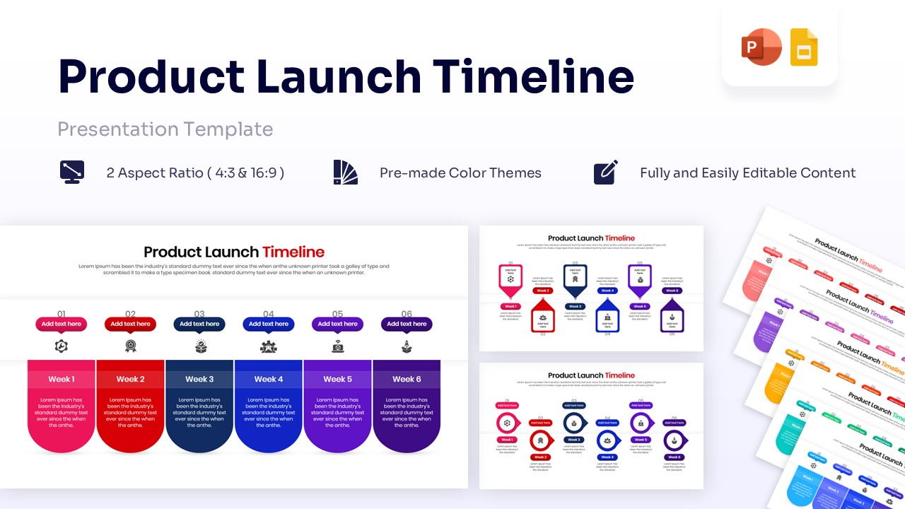 6-step product launch timeline slide with weekly milestones