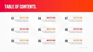 Modern business agenda slide layout with bold red numbers and white background