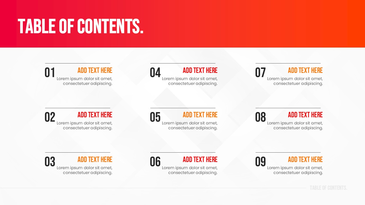 Modern business agenda slide layout with bold red numbers and white background