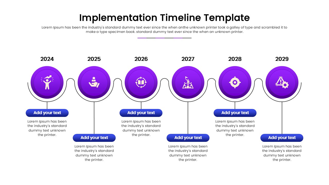 Linear roadmap infographic with yearly milestones and icons
