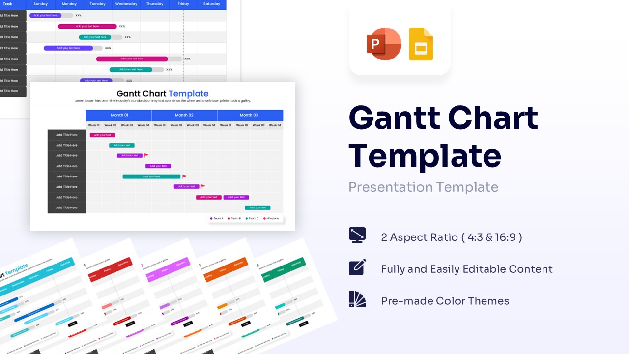 Project management Gantt chart slide showing timeline bars across three months