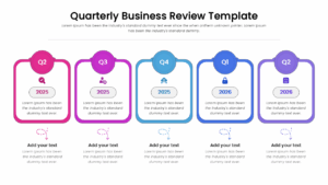 Quarterly report summary layout with pink and blue color theme