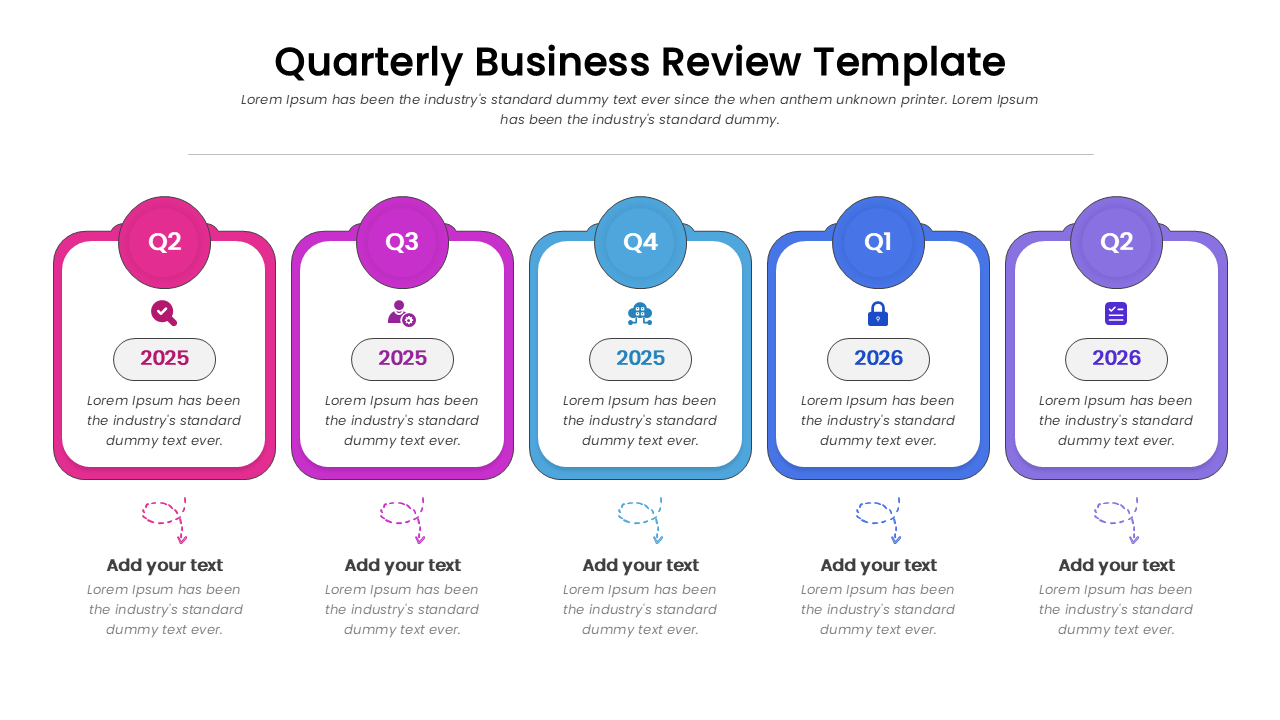 Quarterly report summary layout with pink and blue color theme