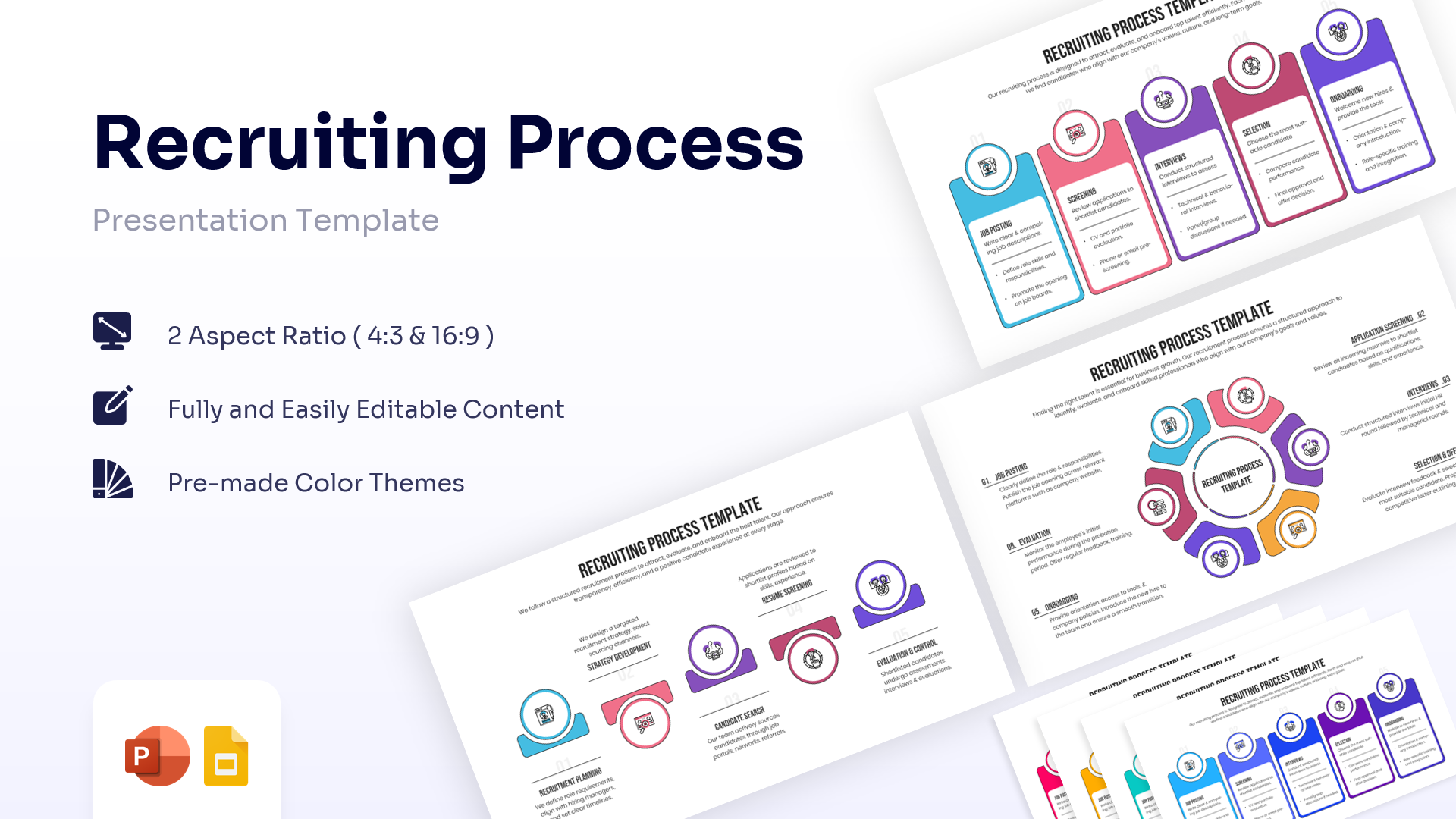 Circular recruiting process diagram with six colored steps including job posting and onboarding