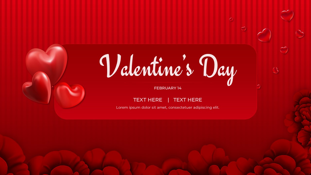 February 14th event slide design with festive balloons and editable text areas
