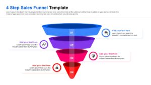 Sales funnel presentation slide with blue, purple, red, and orange sections