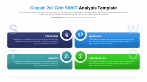Horizontal SWOT analysis chart with four vertical cards displaying strengths, weaknesses, opportunities, and threats