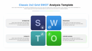 Four-color marketing SWOT analysis diagram with icons for strengths, weaknesses, opportunities, and threats