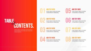 Split layout table of contents slide with red sidebar and numbered list