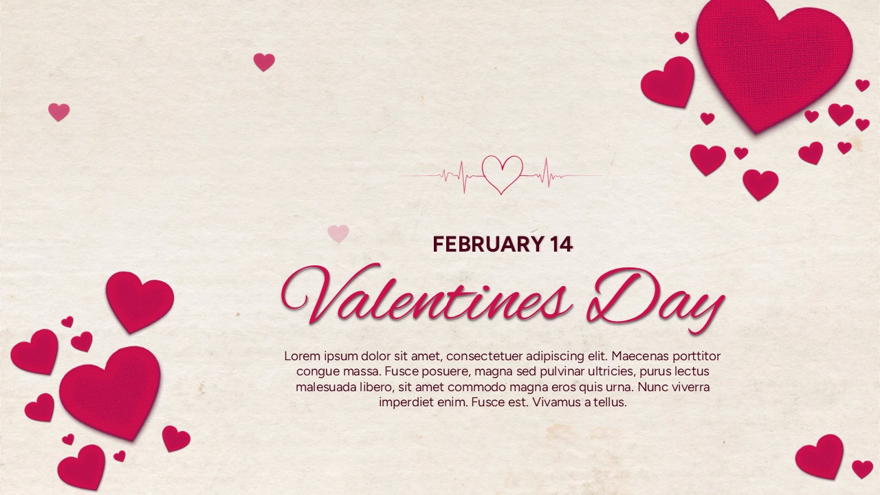 Set of romantic slides with deep red gradients and scattered pink hearts in multiple layouts