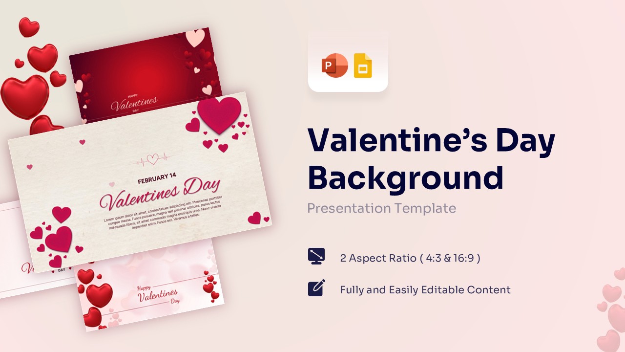 Valentine’s Day presentation template cover with red heart balloons and romantic cream background