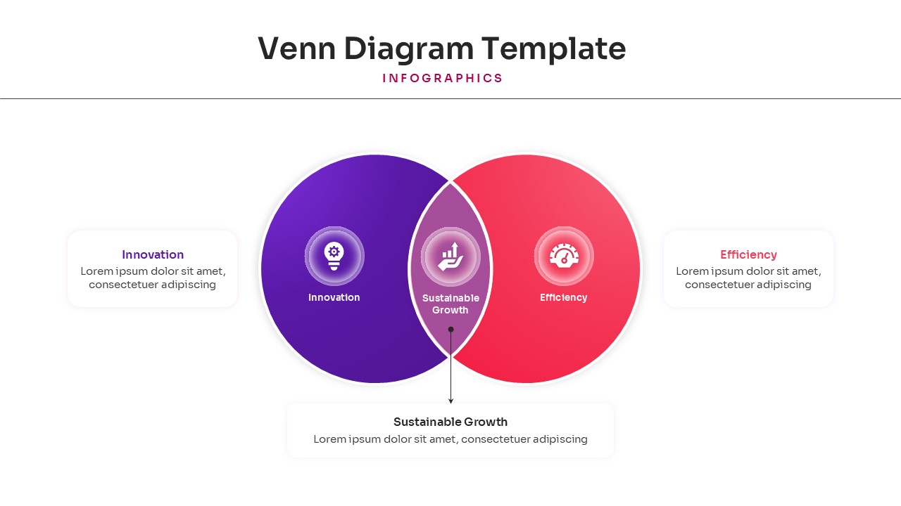 Two-circle comparison Venn diagram infographic with red and purple gradients for PowerPoint and Google Slides